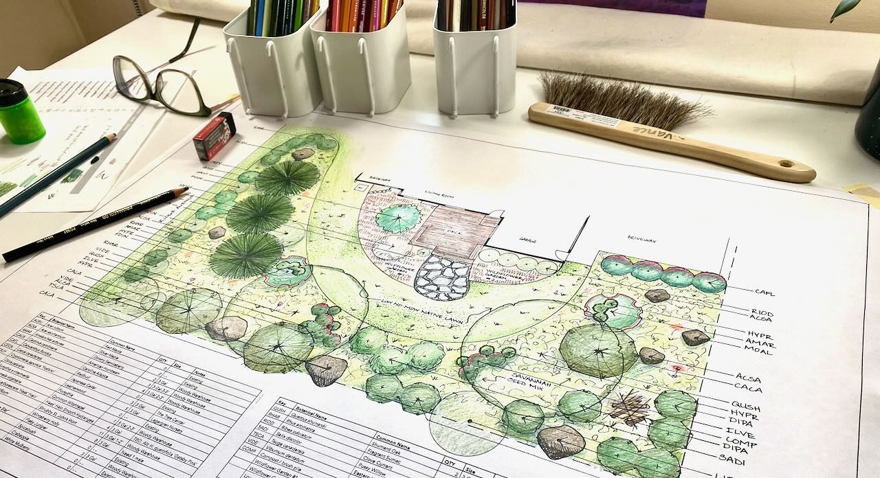 Landscape design drawing on a desk.